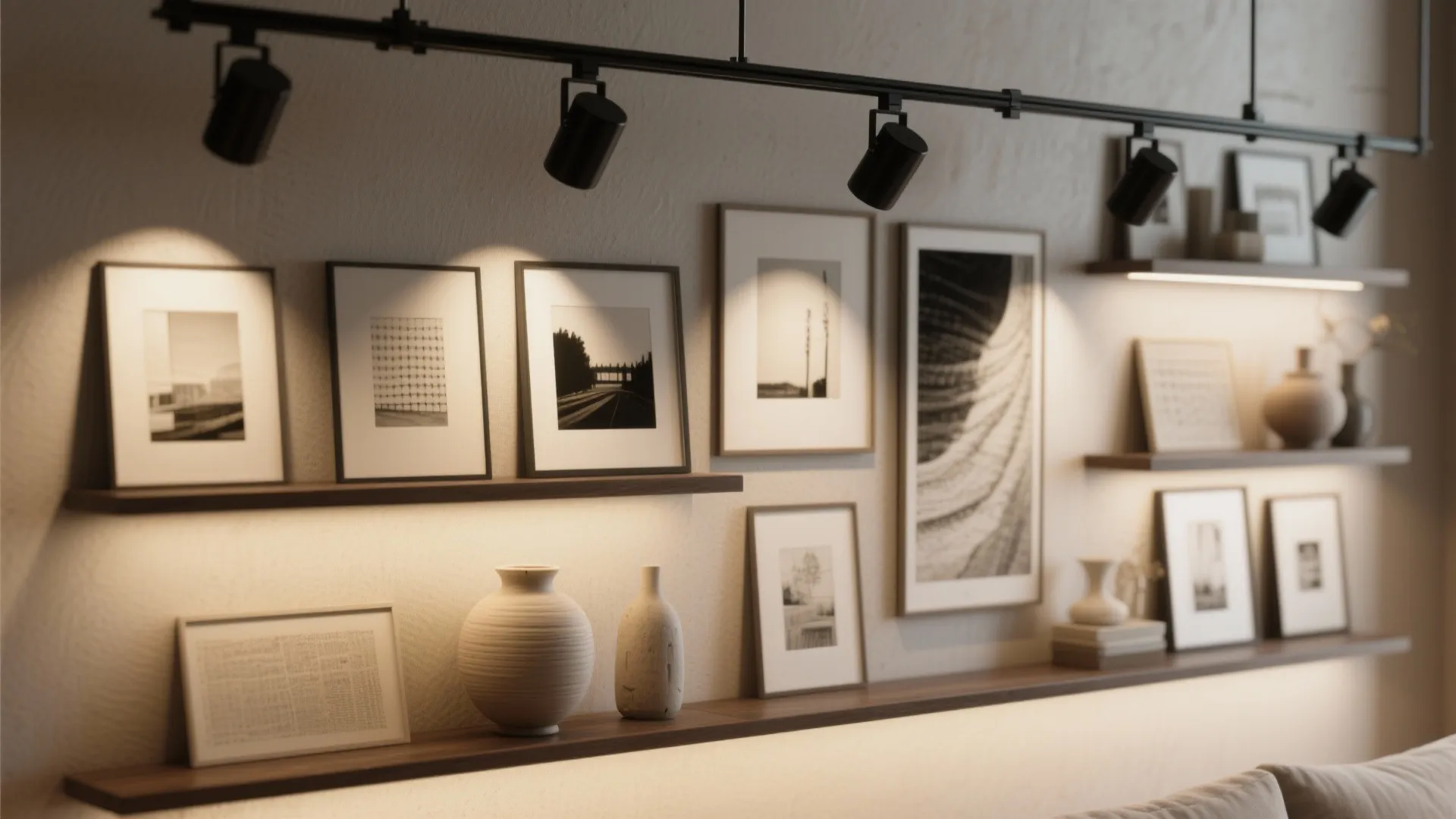 Wall light fixture illuminating framed art photos on wooden shelves with ceramic vases for decoration