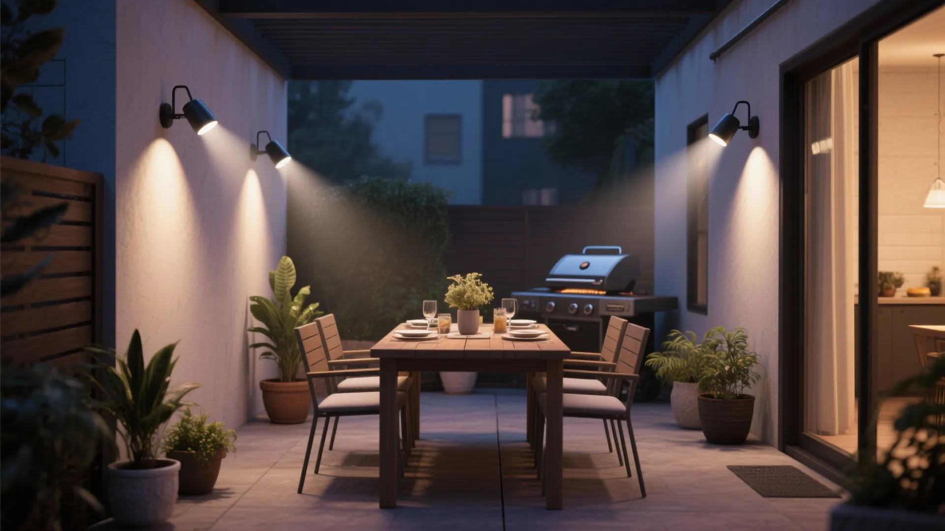 Outdoor dining area with wooden table chairs wall light fixtures and a grill at night