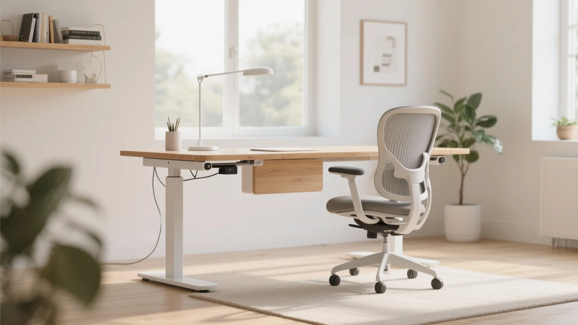 Height adjustable wooden desk with grey office chair white lamp and plant in a room