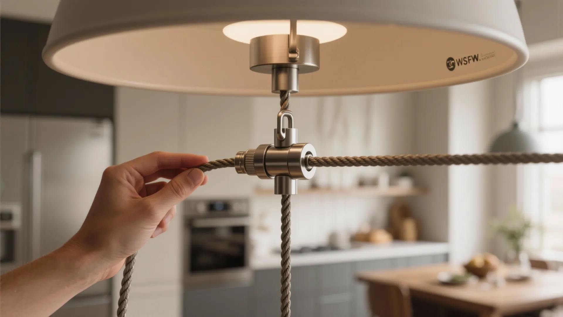 Person adjusting a ceiling light rope with a metal fixture in a modern kitchen area