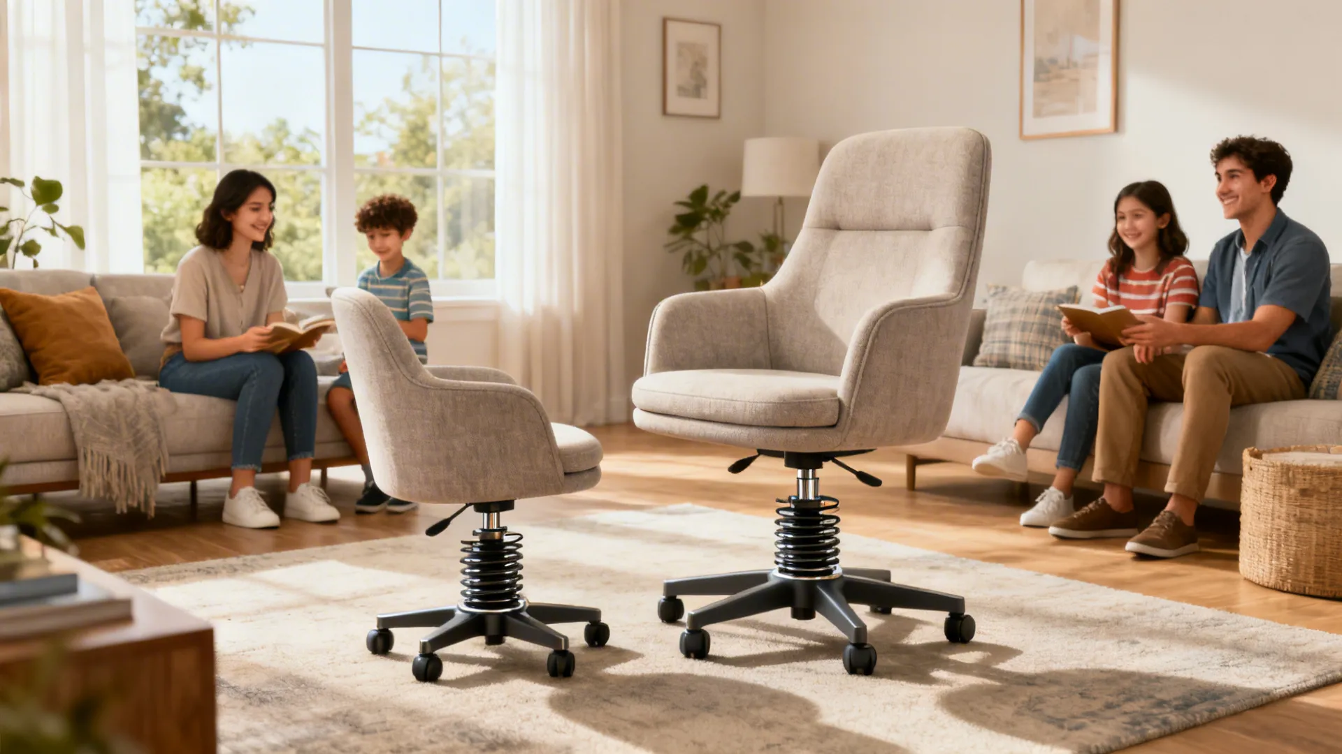 Adjustable-height swivel chair shown at different heights for mixed users
