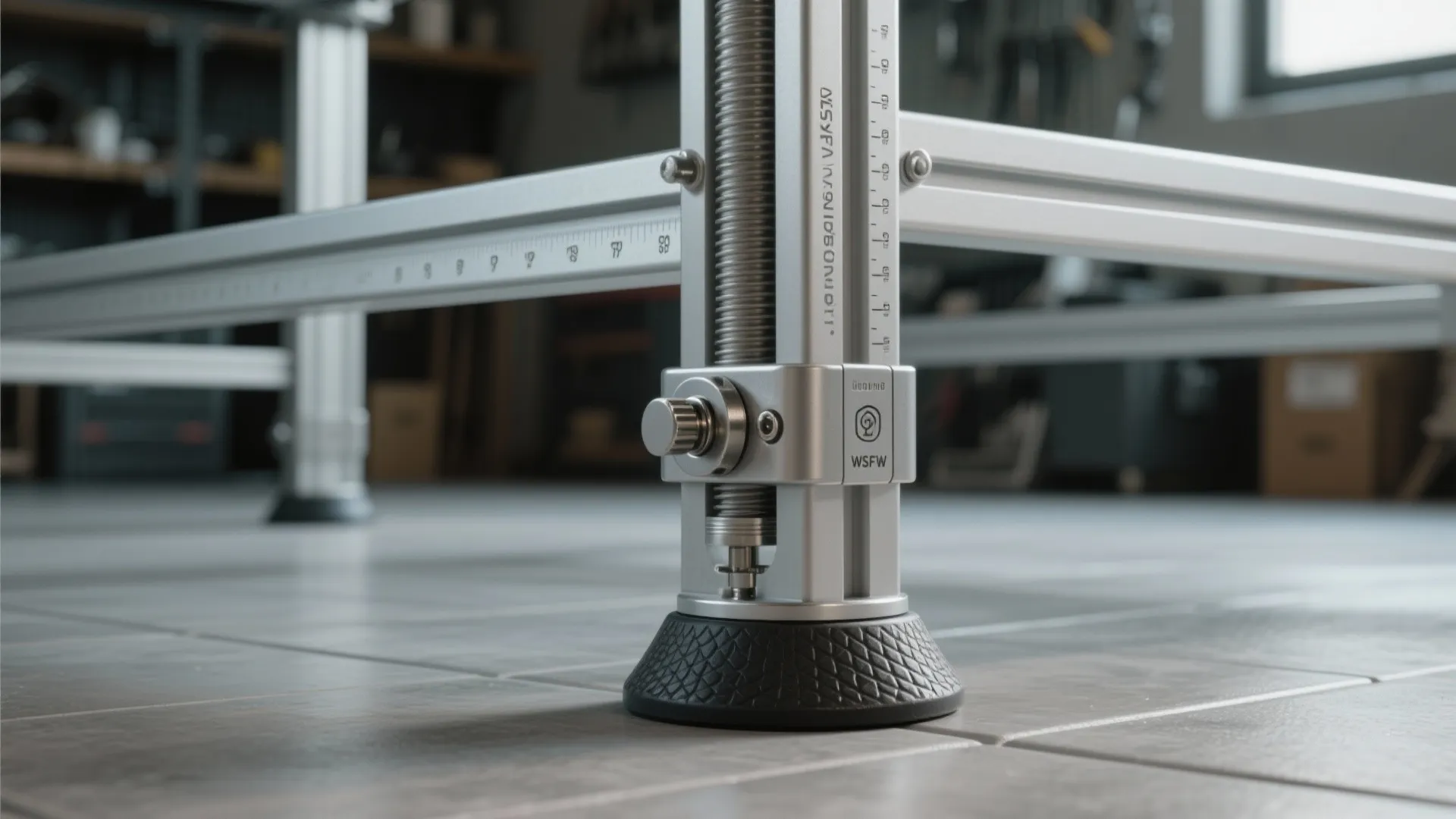Close-up of adjustable metal table legs with height markings and black rubber feet on grey floor