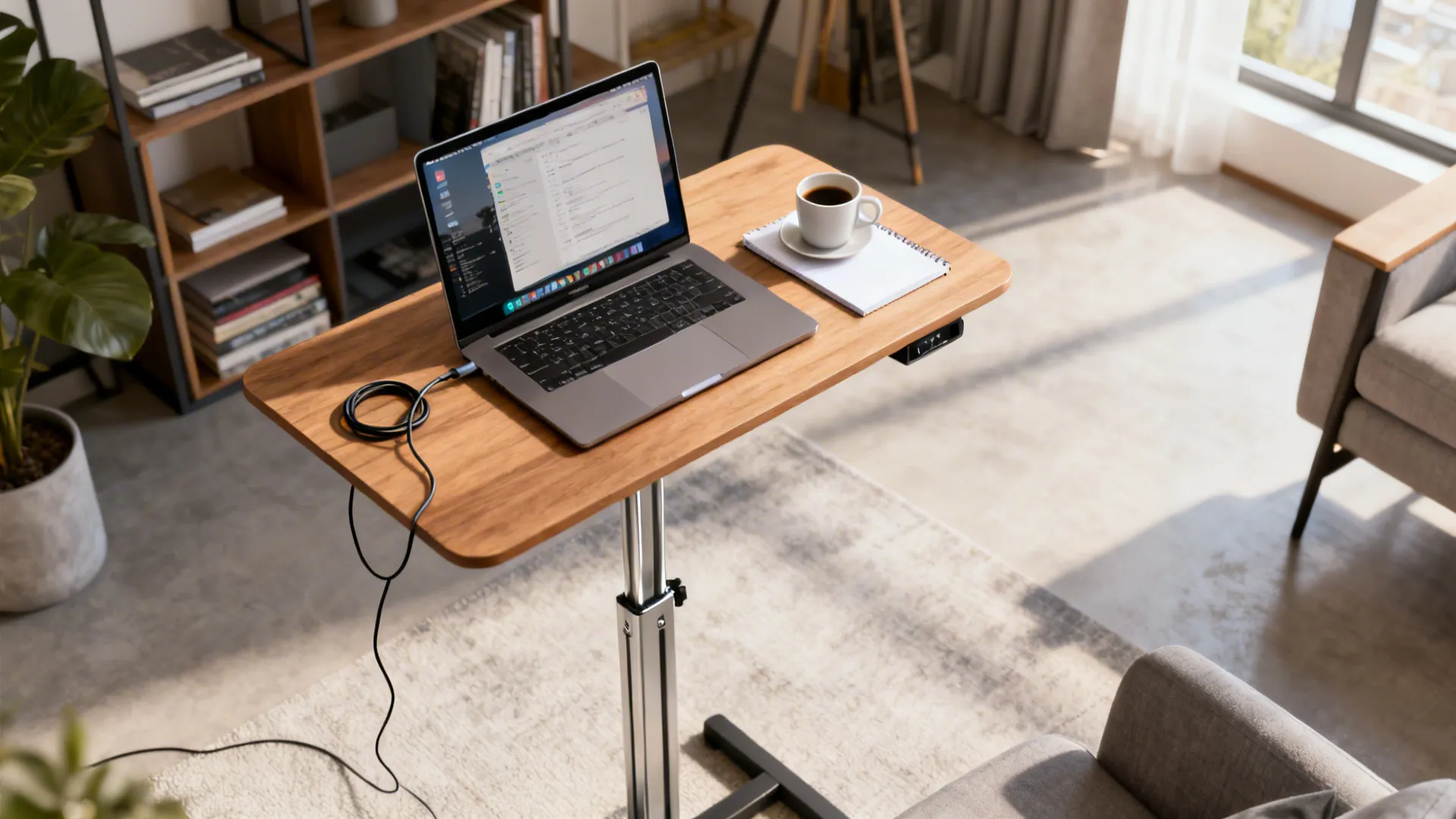Wooden adjustable standing desk with laptop and coffee cup in a bright modern home office