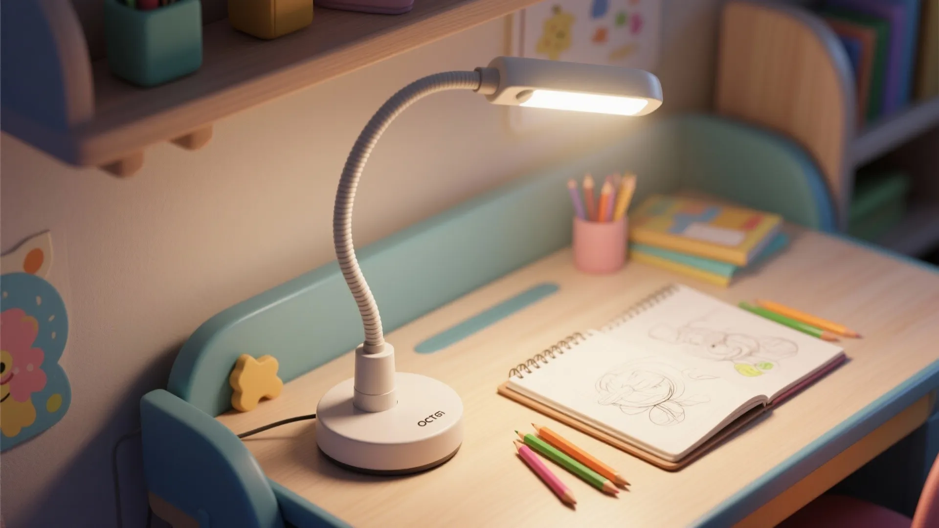 Adjustable desk lamp casting warm-white light onto a child's study desk with art supplies