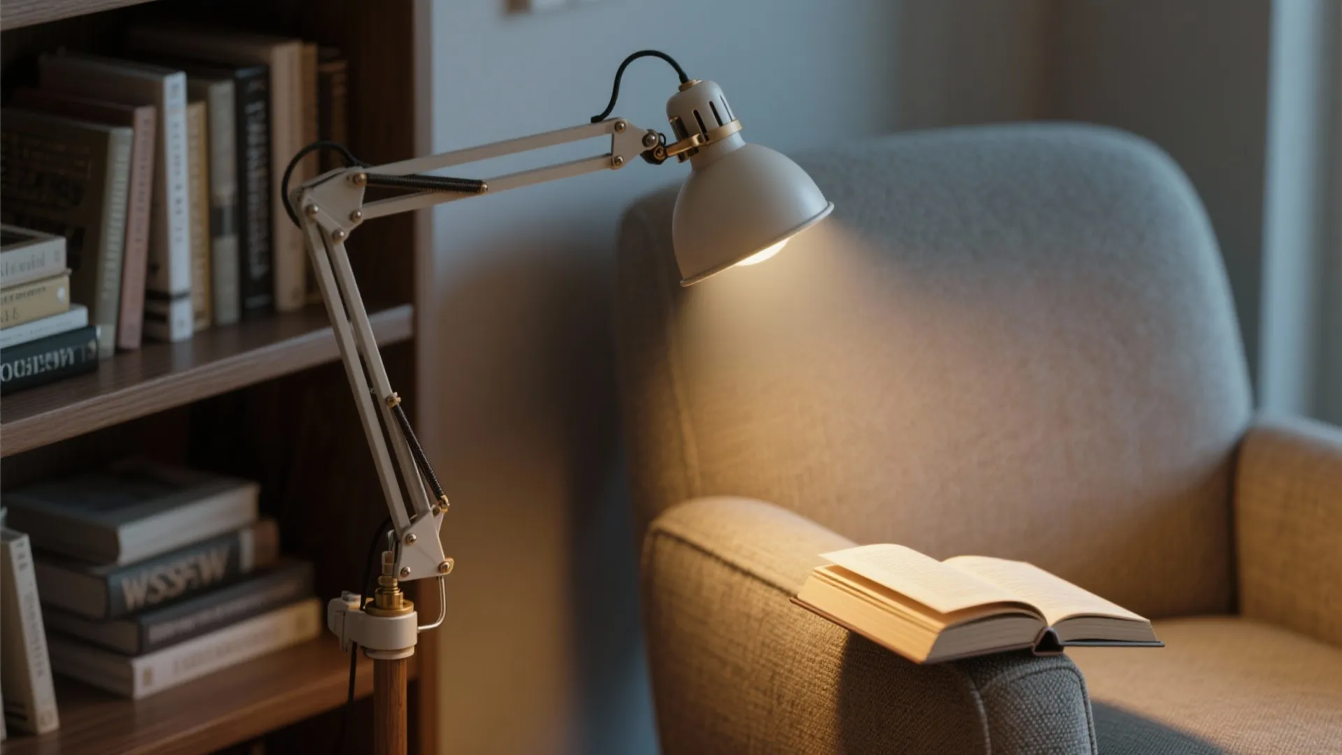 Adjustable swing-arm lamp focused on a book in a cozy reading corner.