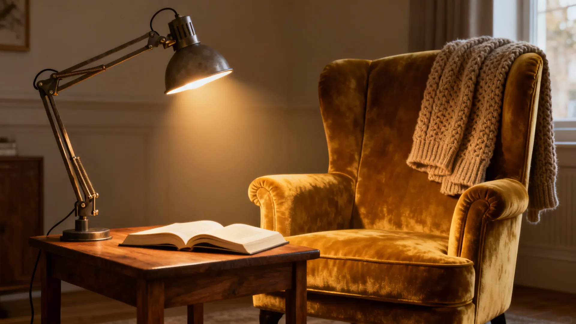 Reading nook with an adjustable-arm task lamp casting a focused warm light over a velvet armchair and book.