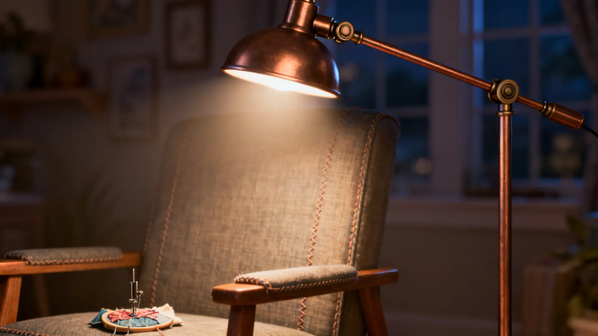 Adjustable-arm task lamp directing warm focused light onto a reading chair and sewing project.
