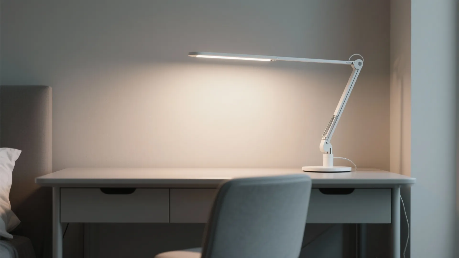 White adjustable light fixture on a simple desk in a minimalist room with soft wall light