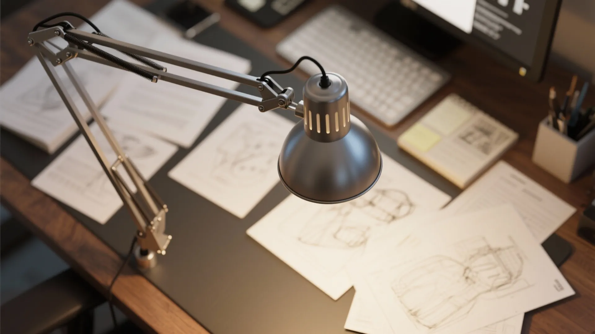 Adjustable modern desk lamp casting light over workspace