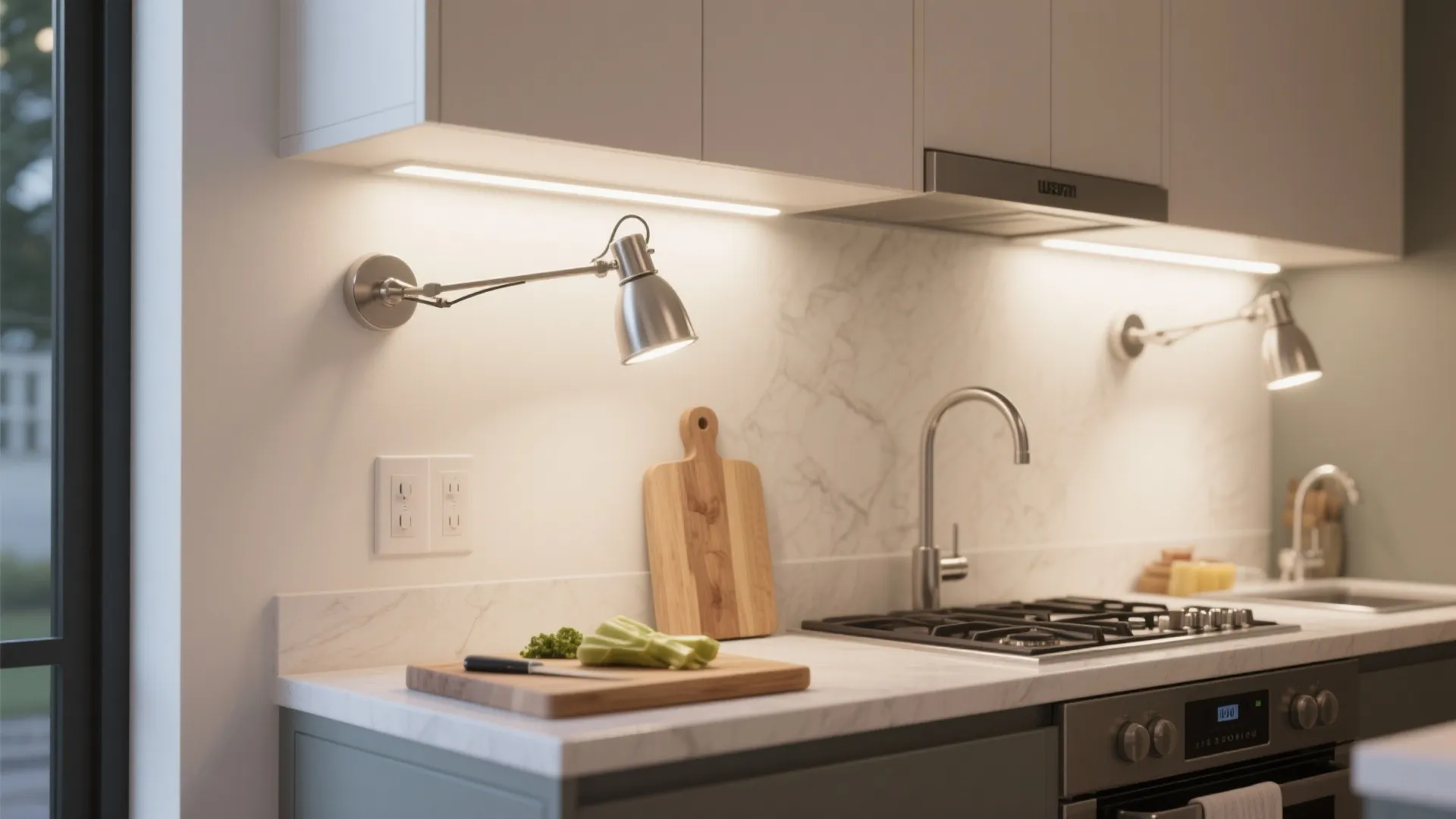Kitchen with marble backsplash, silver wall light, wooden cutting board, sink, stove, and cabinet lighting