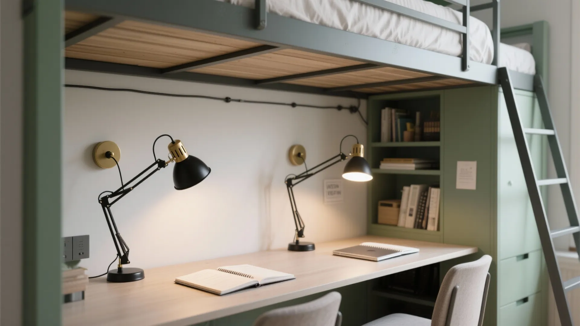 Adjustable swivel-arm wall sconces illuminate a compact study corner under a bunk bed.