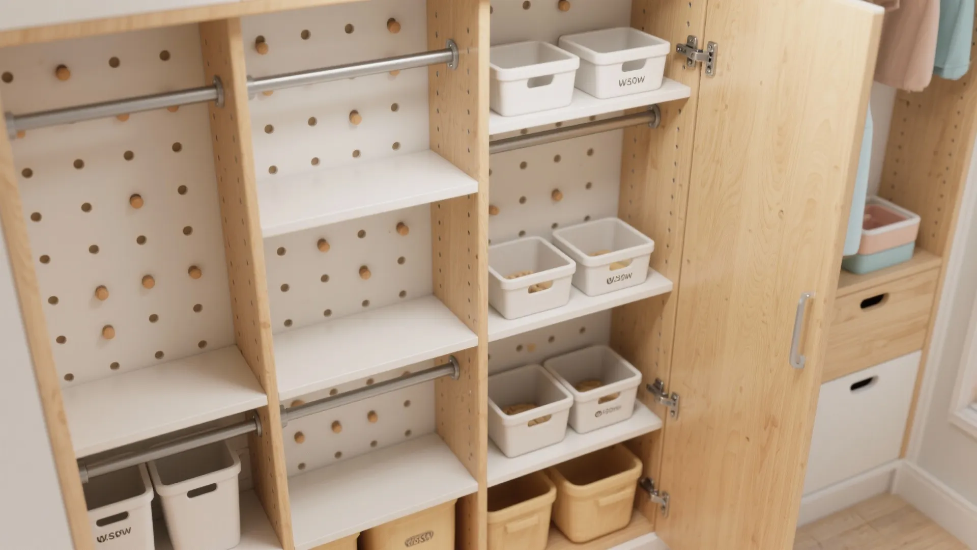 Interior design drawing of a wooden cabinet with white shelves and small plastic storage boxes