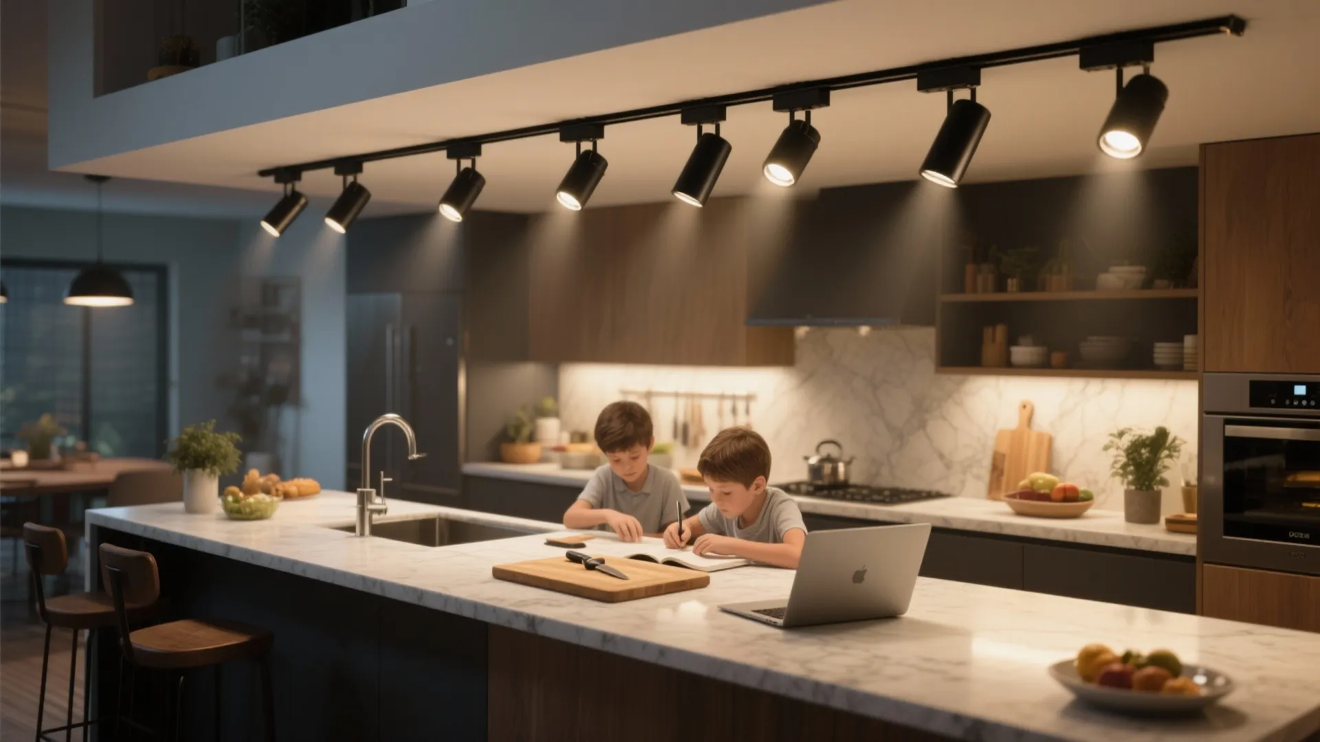 Kitchen island illuminated by adjustable track lights and multi-directional spots focused on different work zones.