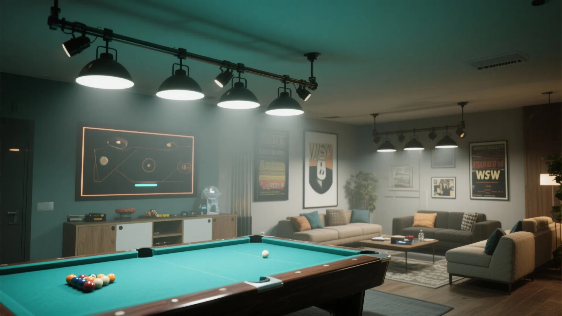 Spacious living room featuring pool table under black light fixtures with sofas and wall posters