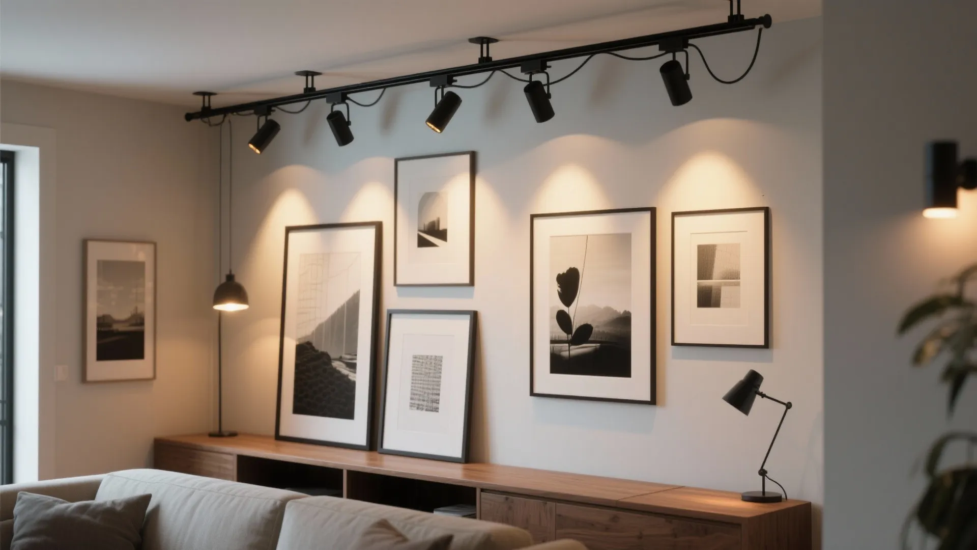 Modern living room wall with black track lighting shining on several framed black and white pictures