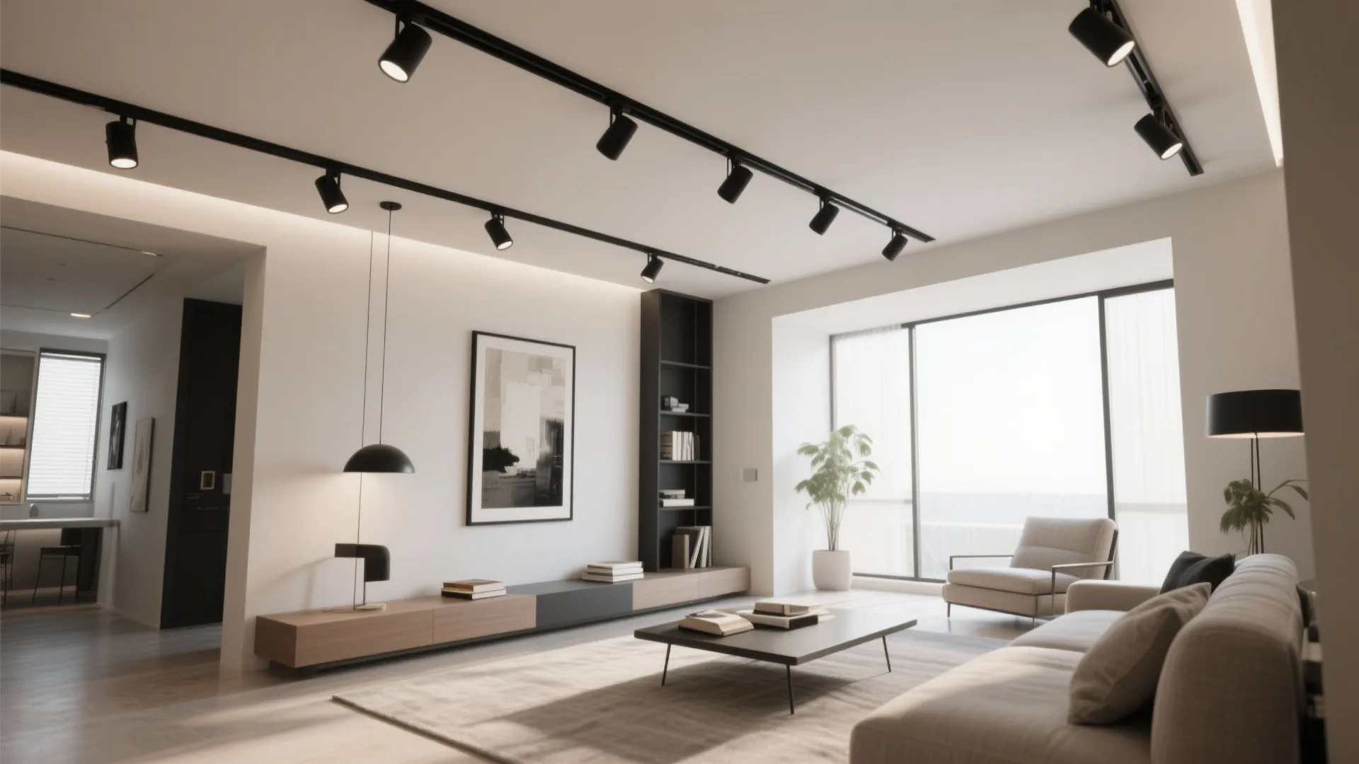 Minimalist living room with black track light fixtures grey sofa white walls and natural light