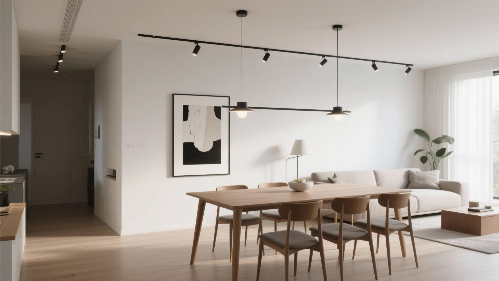 Open-plan space with track lights highlighting dining table