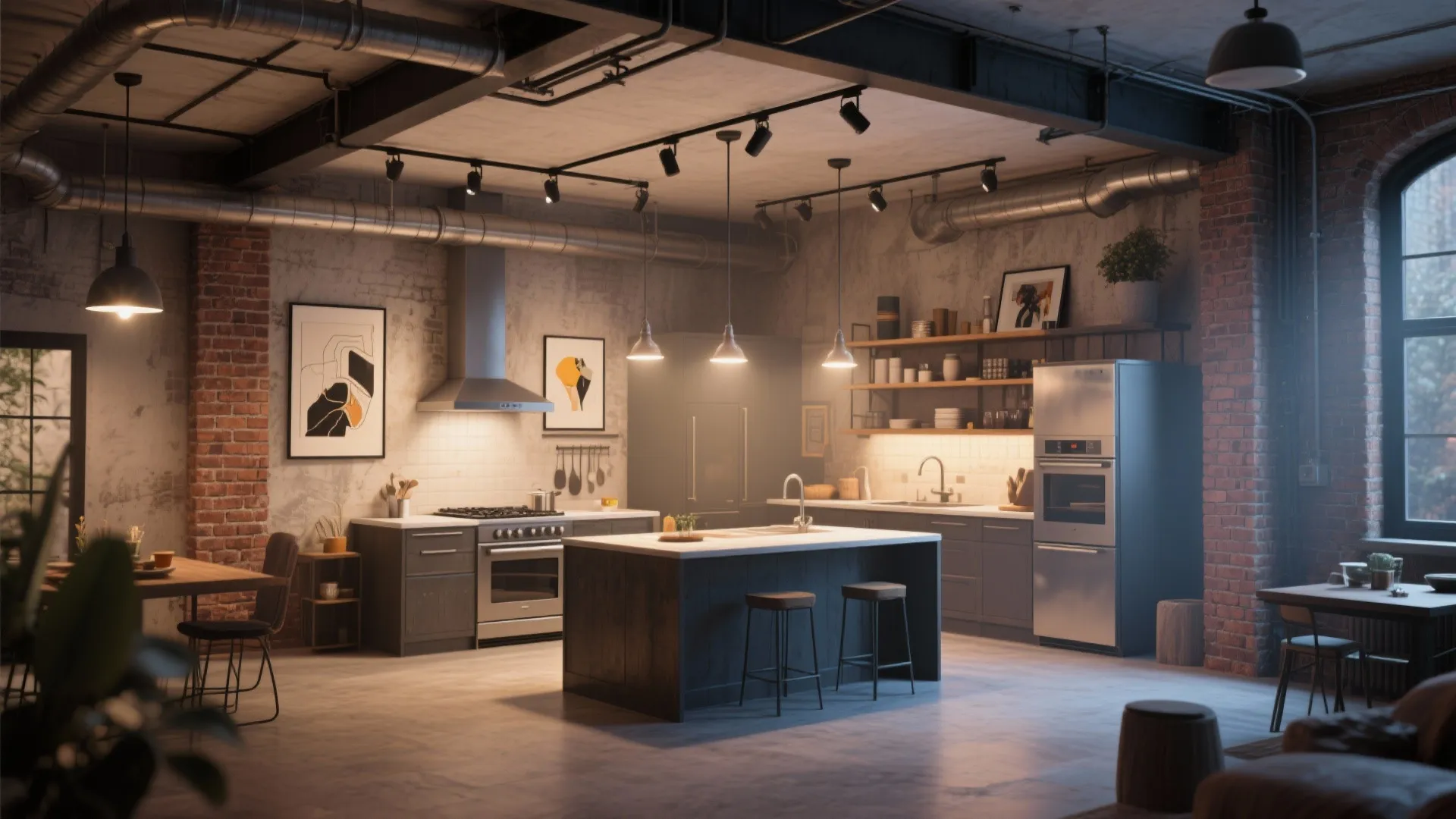 Industrial style kitchen with brick walls black track lights metal pipes and large kitchen island