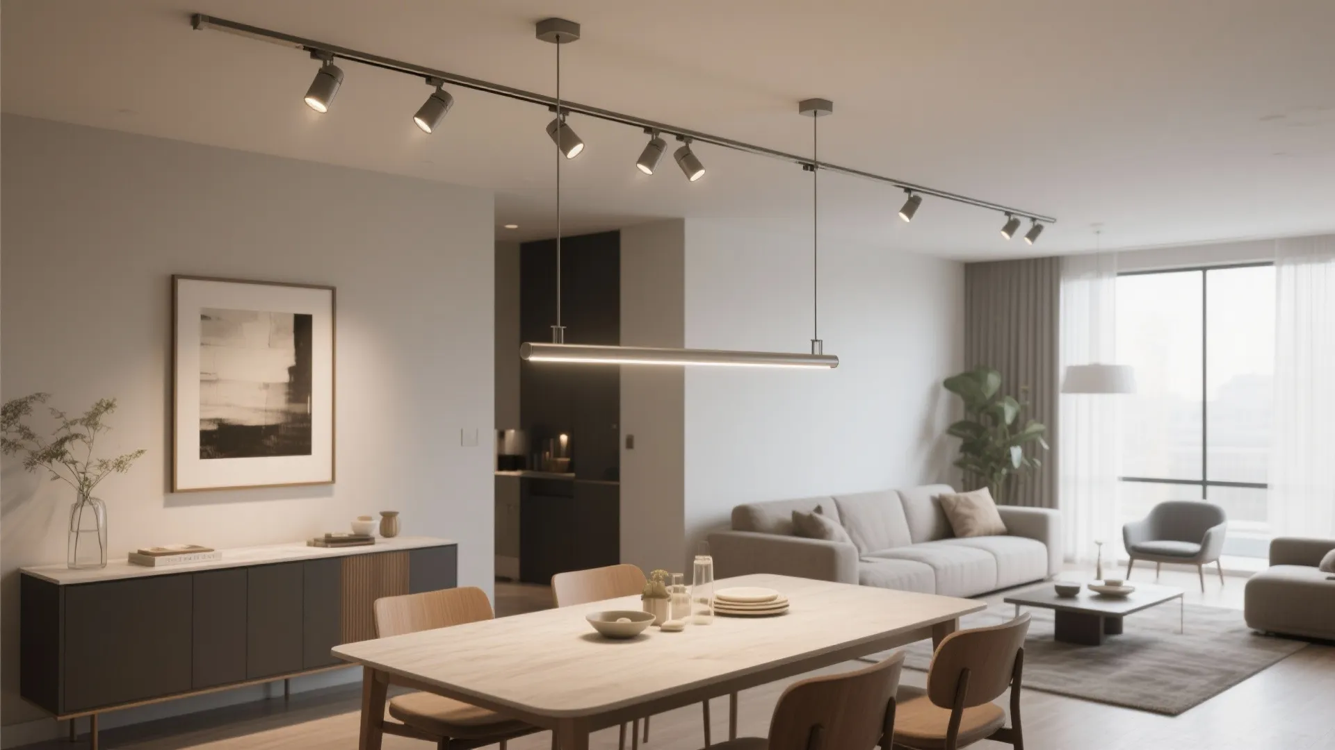 Modern dining area with long light fixture above wooden table plus ceiling track light and couch