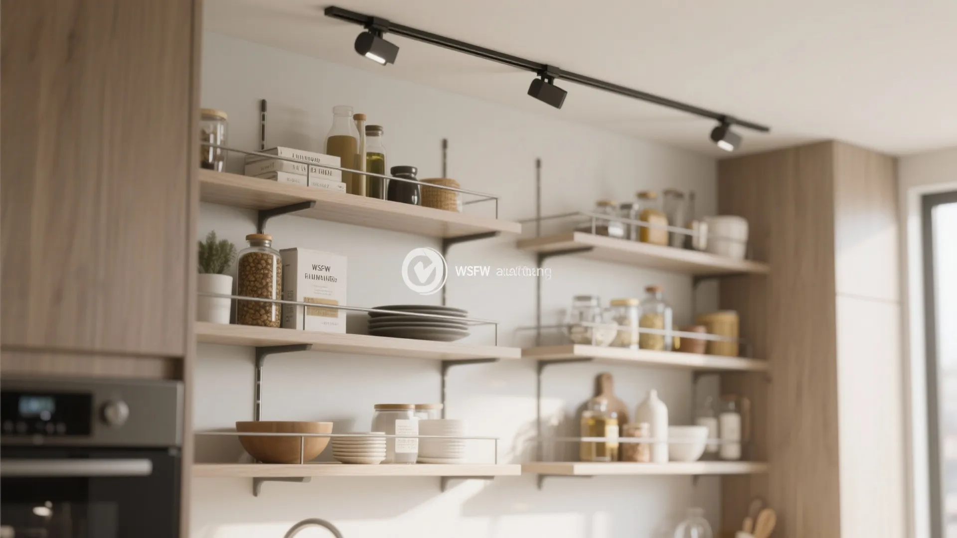 Modern kitchen with wooden wall shelves holding glass jars bowls and books under black track lighting