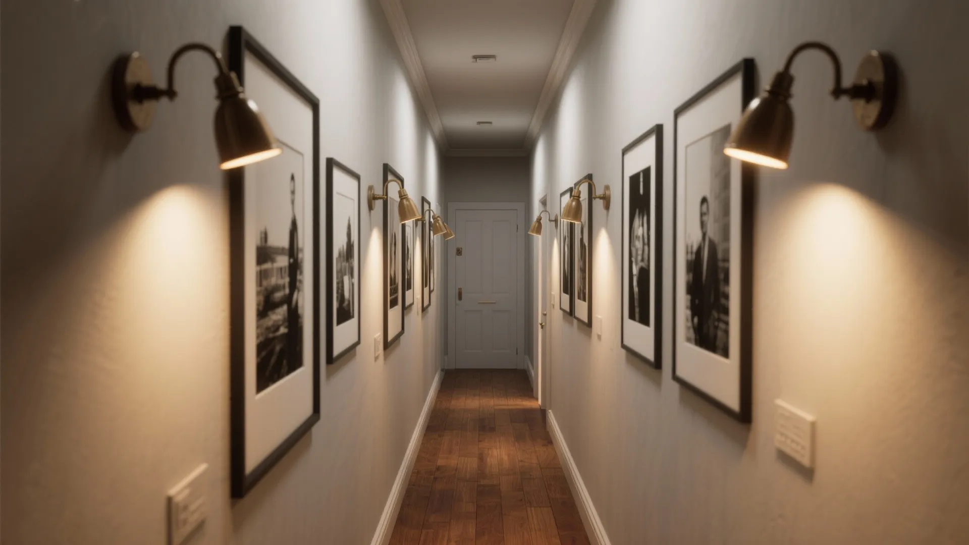 Narrow hallway with wooden floor and multiple wall lights illuminating framed black and white art