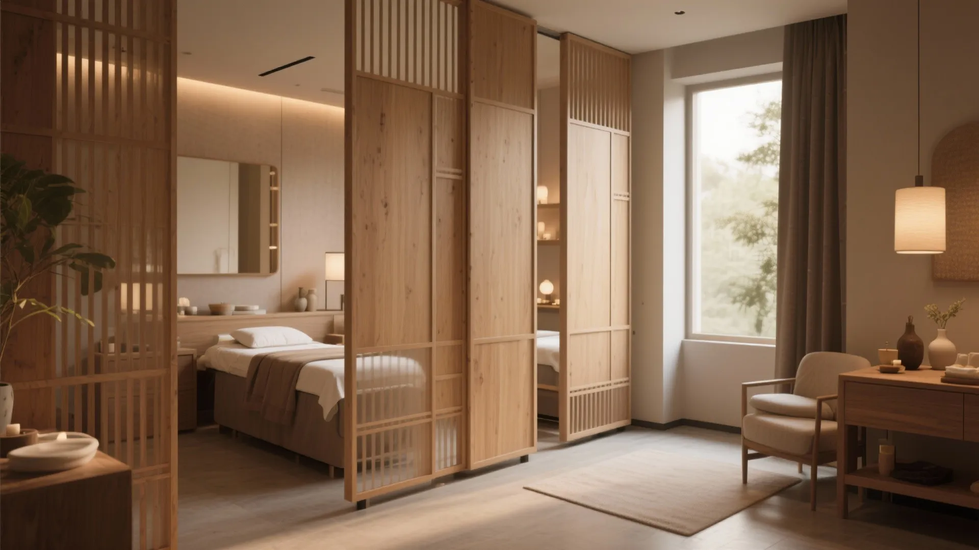 Massage room with wooden sliding doors, white bed, chair, desk, and bright window with curtains