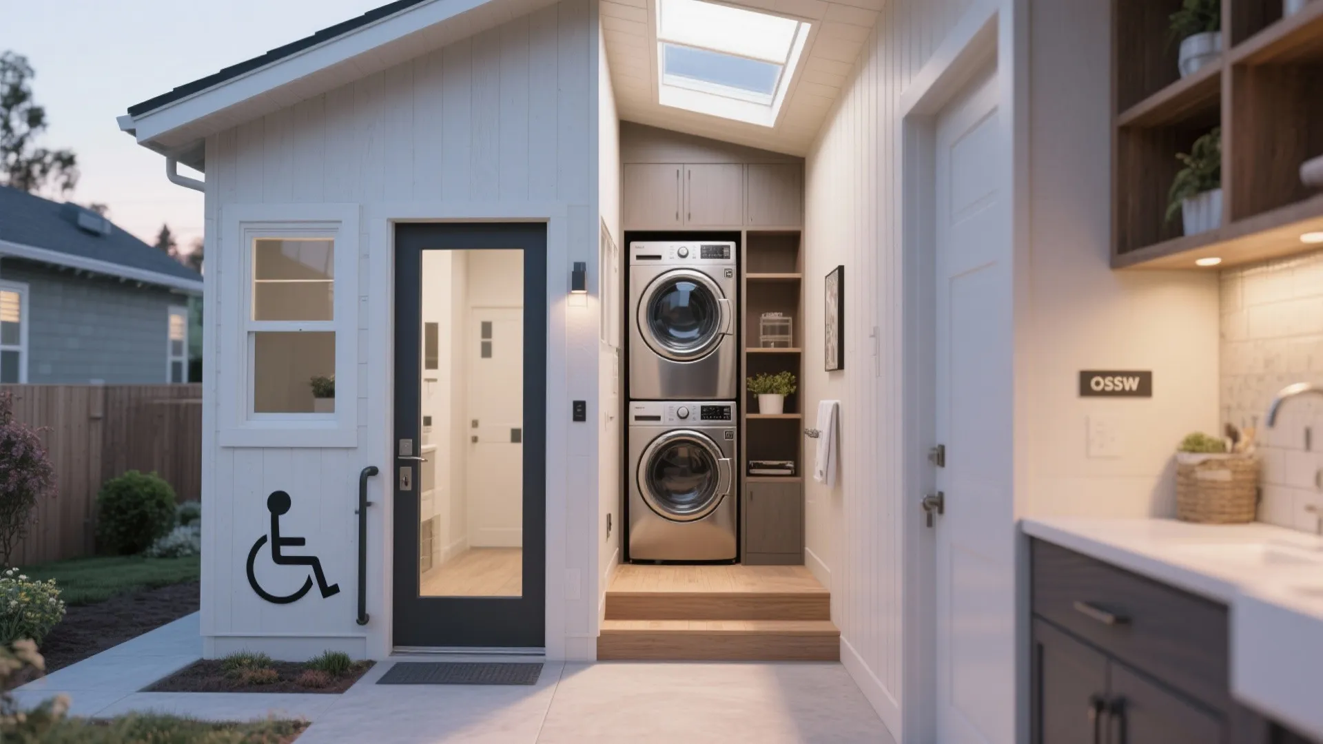 Modern laundry room layout with stacked washer and dryer next to a glass door entrance