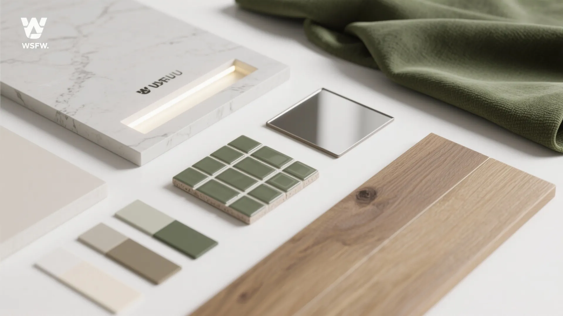 Material flatlay with durable countertops, LED fixture, mirror tile, wood plank and fabric swatches.