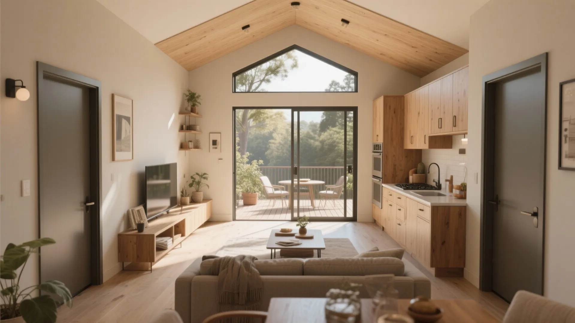 Modern open plan living room and kitchen area with wooden ceiling sofa and glass doors
