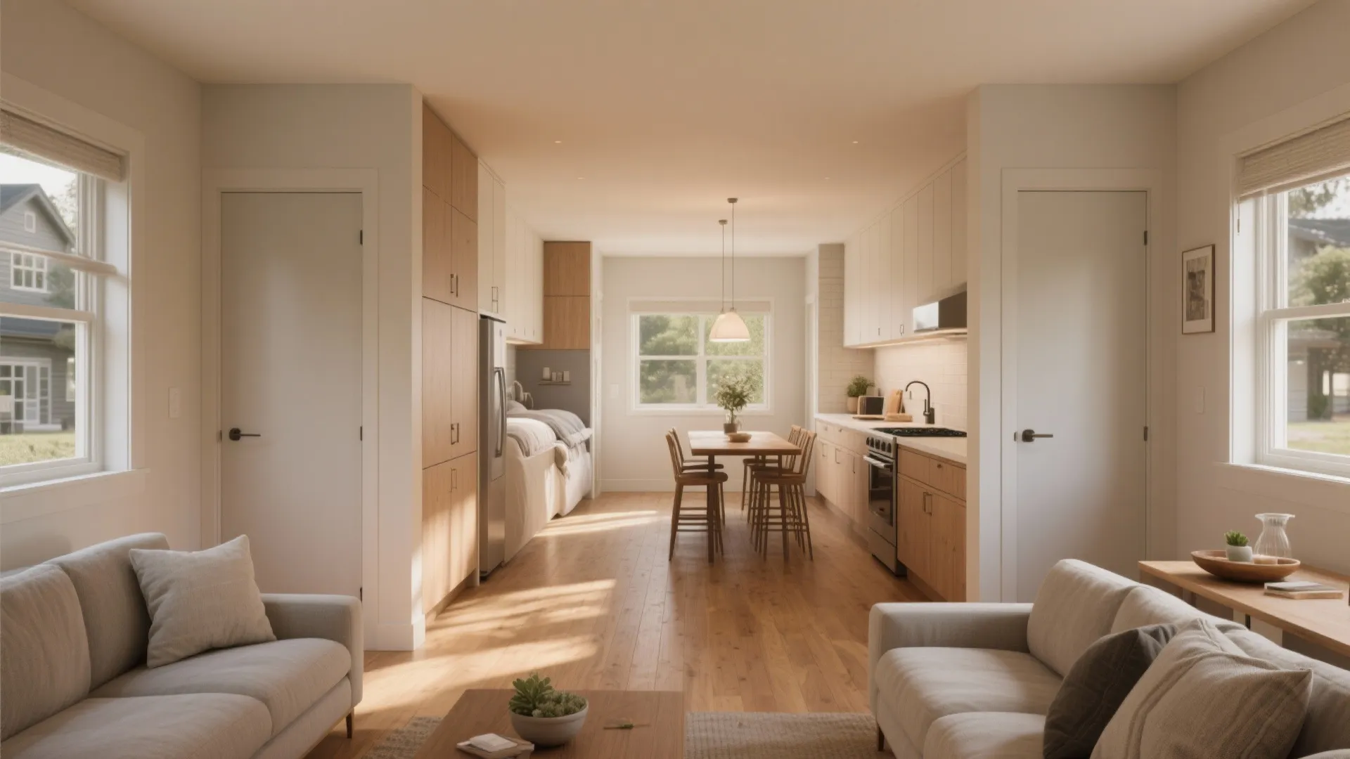 Small open floor plan home featuring a light wood kitchen dining table and grey sofas