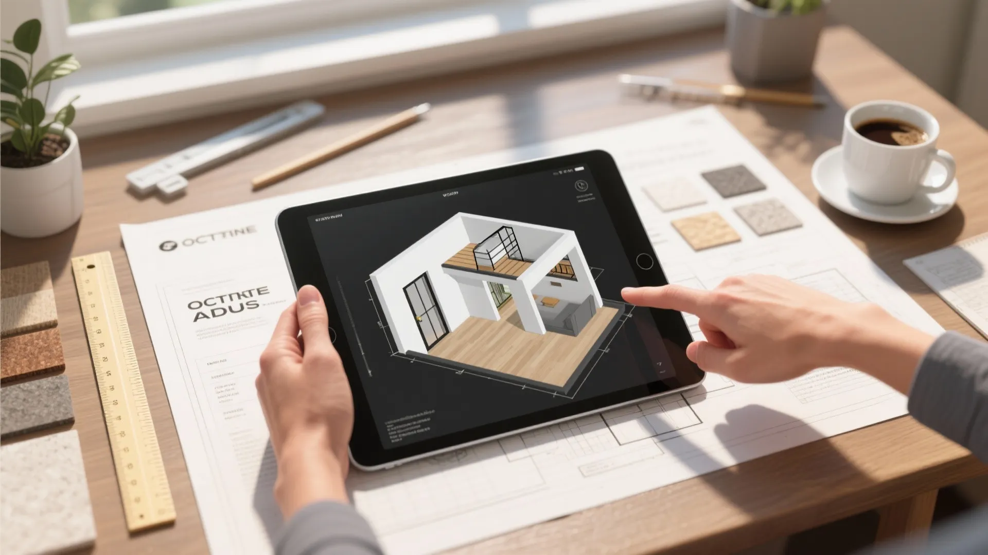 3D floor planner on tablet with ADU plan, materials and tools for testing layouts