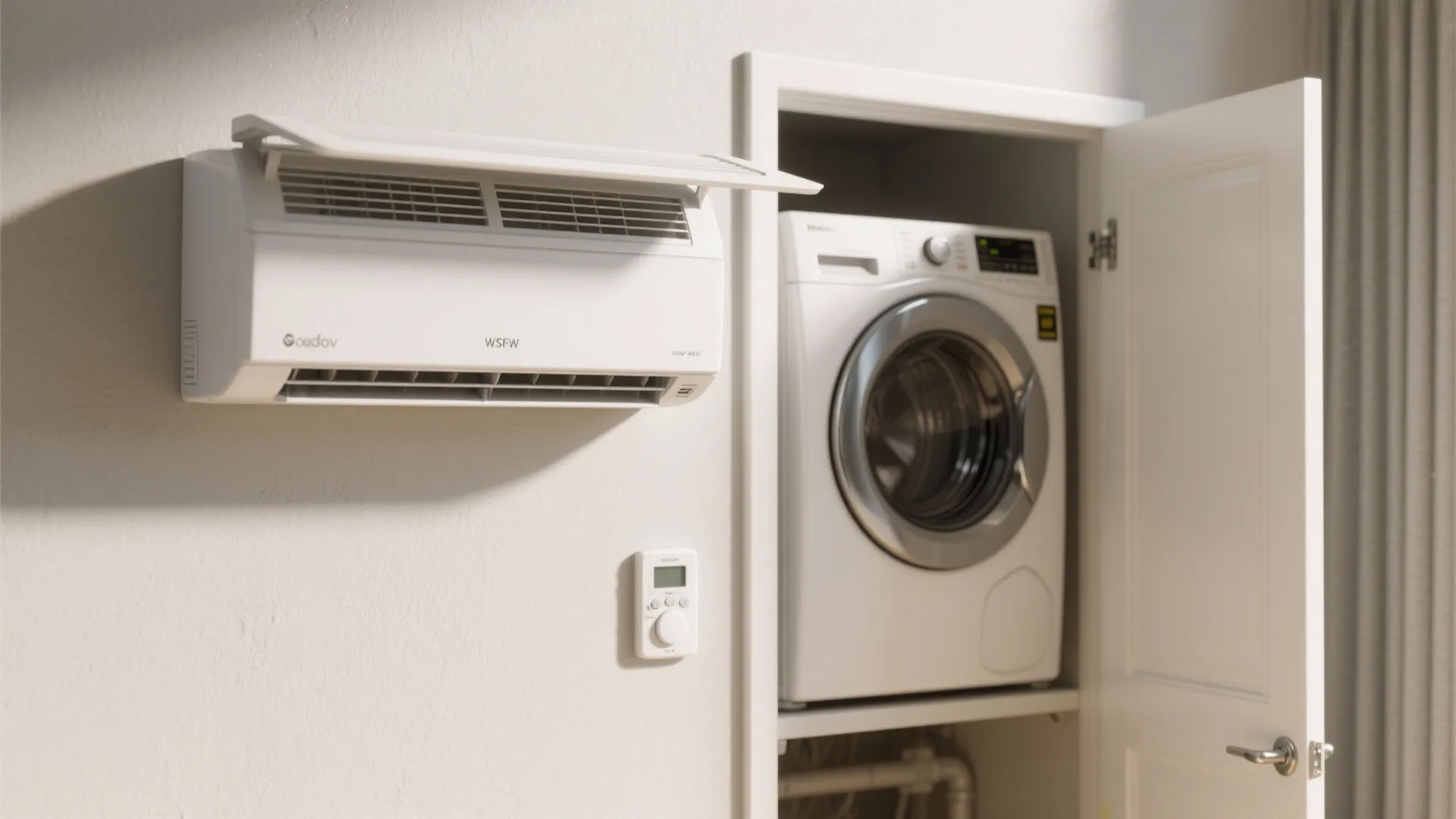 Mini-split HVAC unit and stacked washer-dryer detail in an ADU interior.