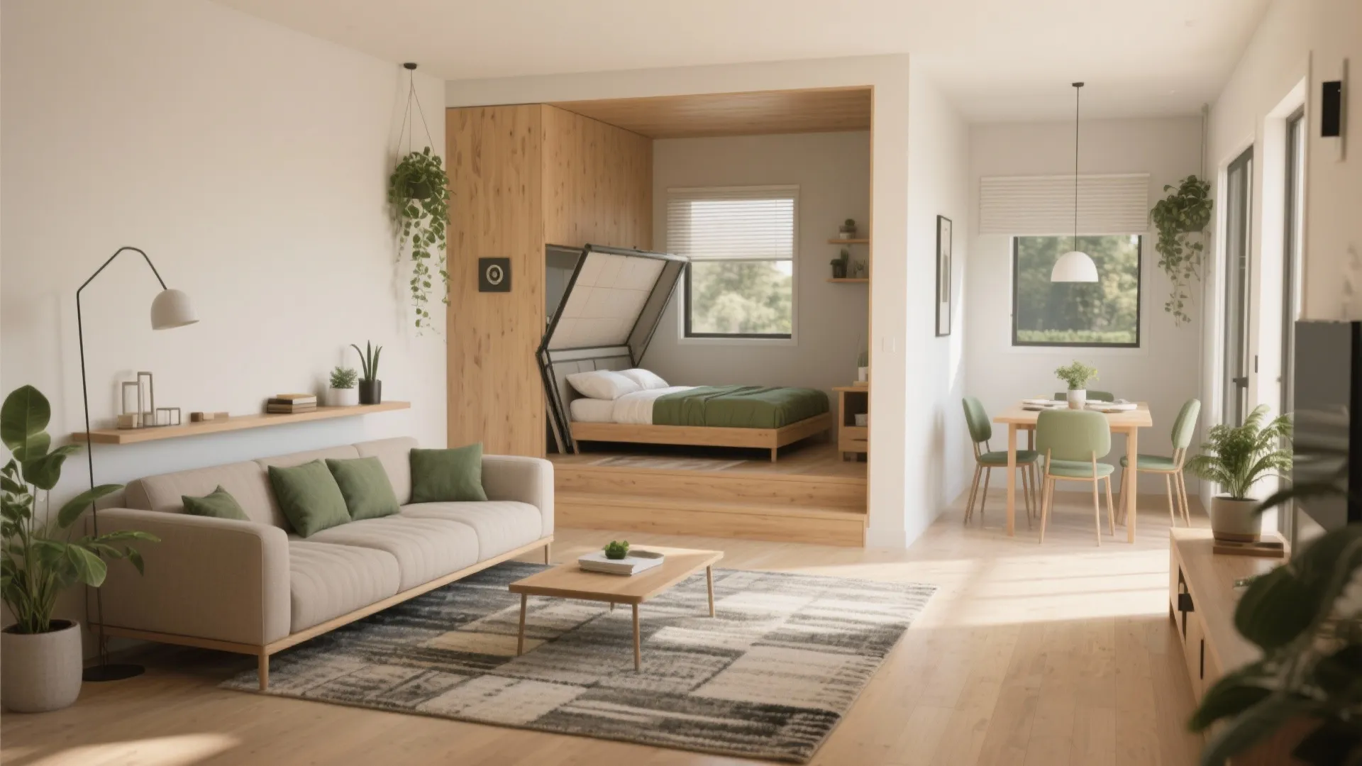 Open-plan living area with zoned furniture, sofa with console, rug, dining table and folded bed.