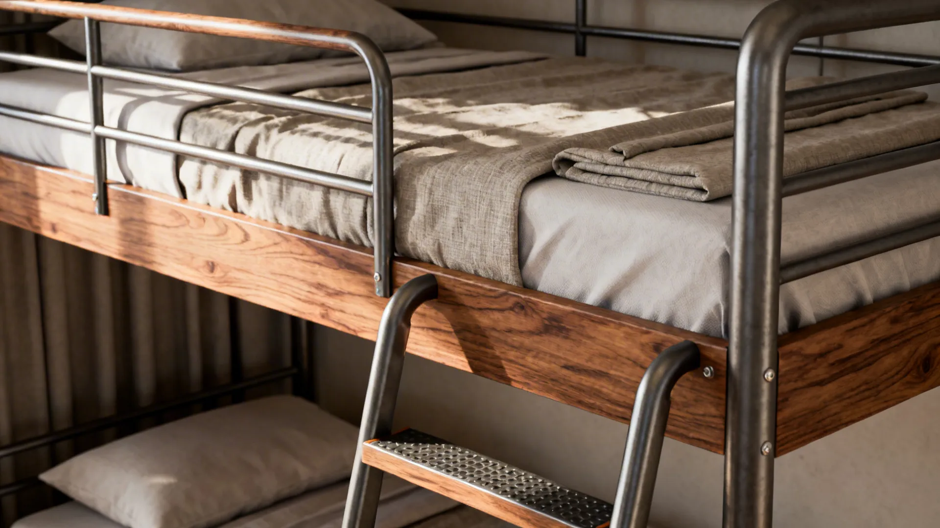 Detail of an adult-friendly bunk bed with sturdy ladder and comfortable mattress spacing