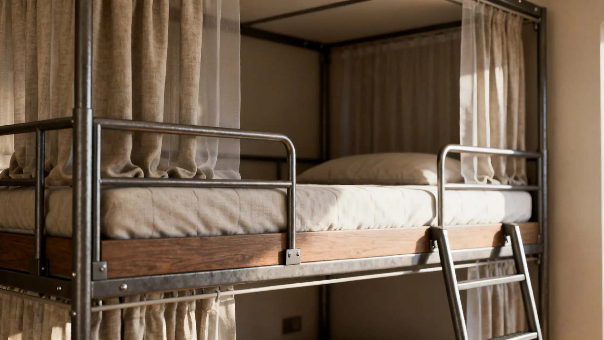 Reinforced adult bunk bed with full-size mattresses, privacy curtain and guardrail in warm light