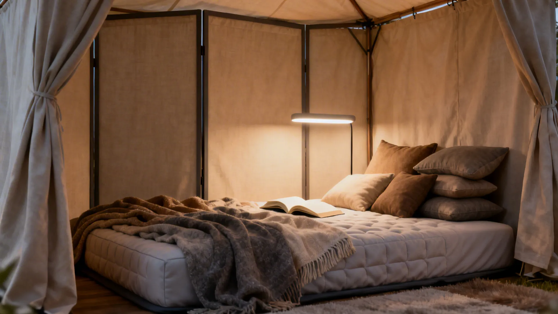 Cozy indoor tent bed with a reading light open book and blankets on a mattress