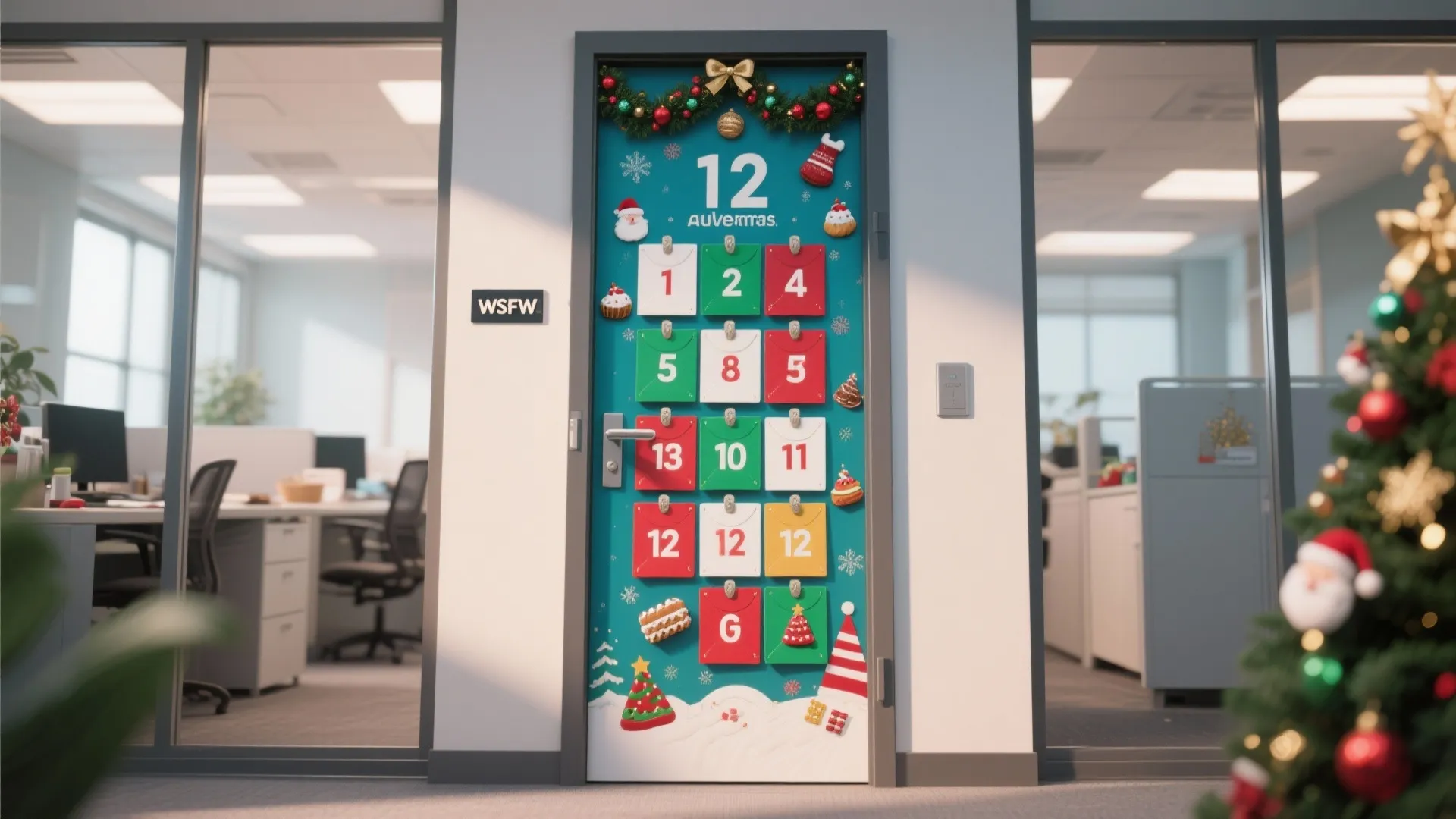 Office door covered in blue paper with numbered advent calendar pockets and festive green garland