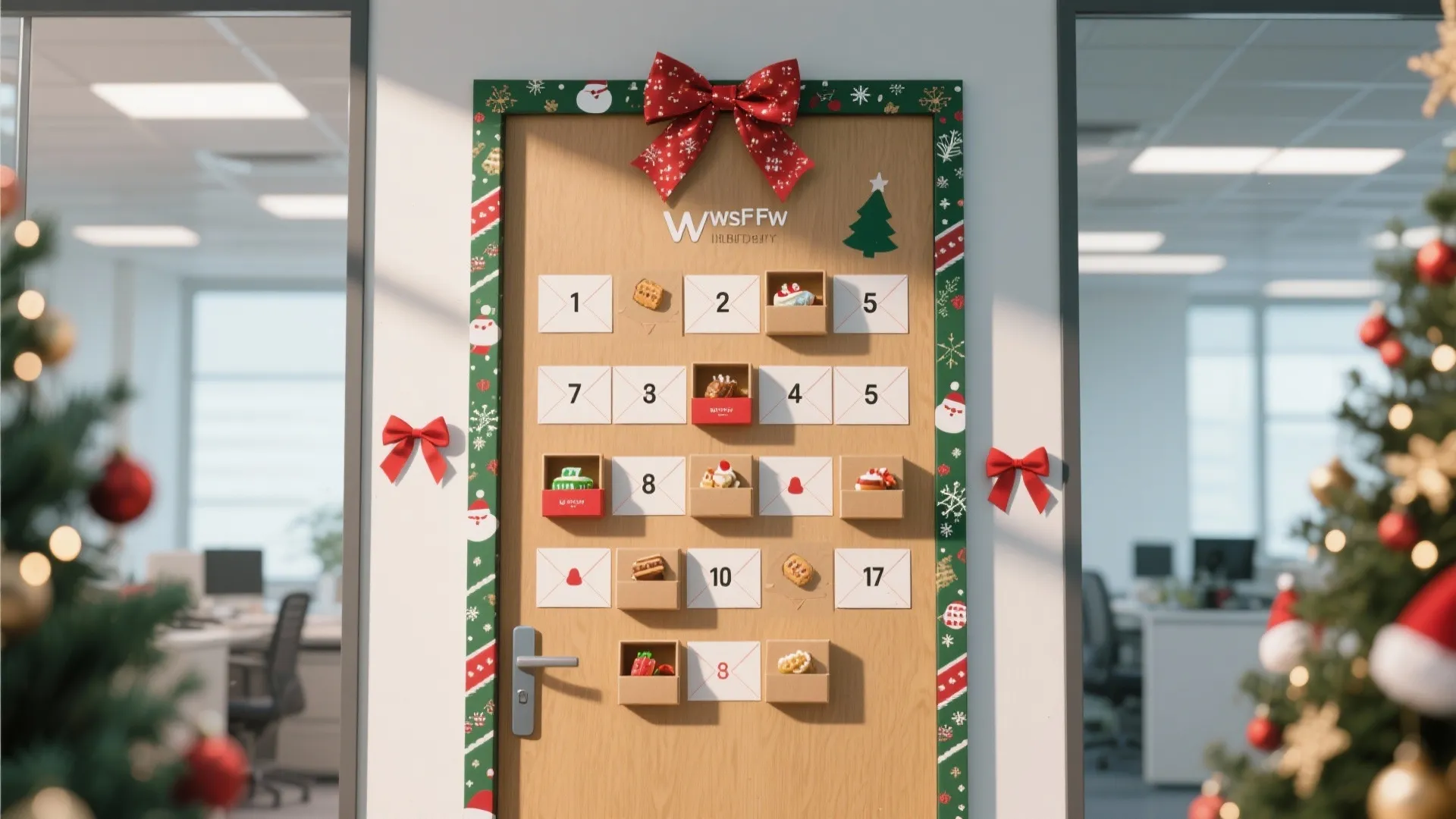Wooden office door decorated as an advent calendar with small gift boxes and numbered cards