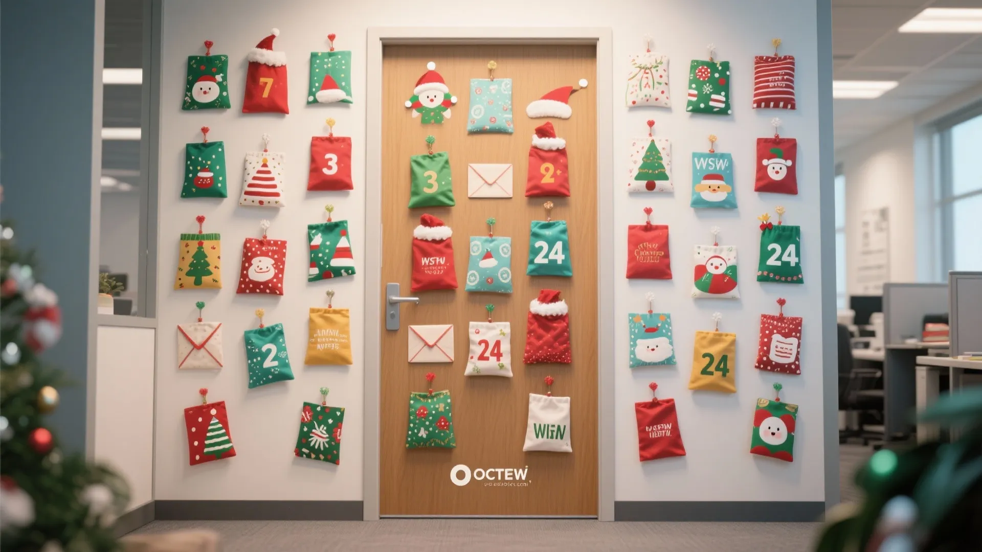 Office door and wall covered with many colorful small advent calendar bags and festive decorations