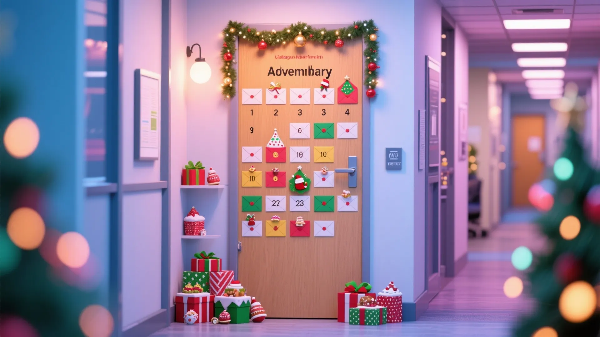Wooden office door decorated with an advent calendar numbered envelopes colorful gift boxes and greenery