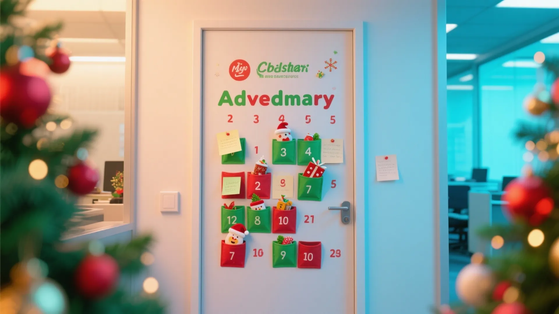 White office door with red and green advent calendar pockets holding small gifts and decorations