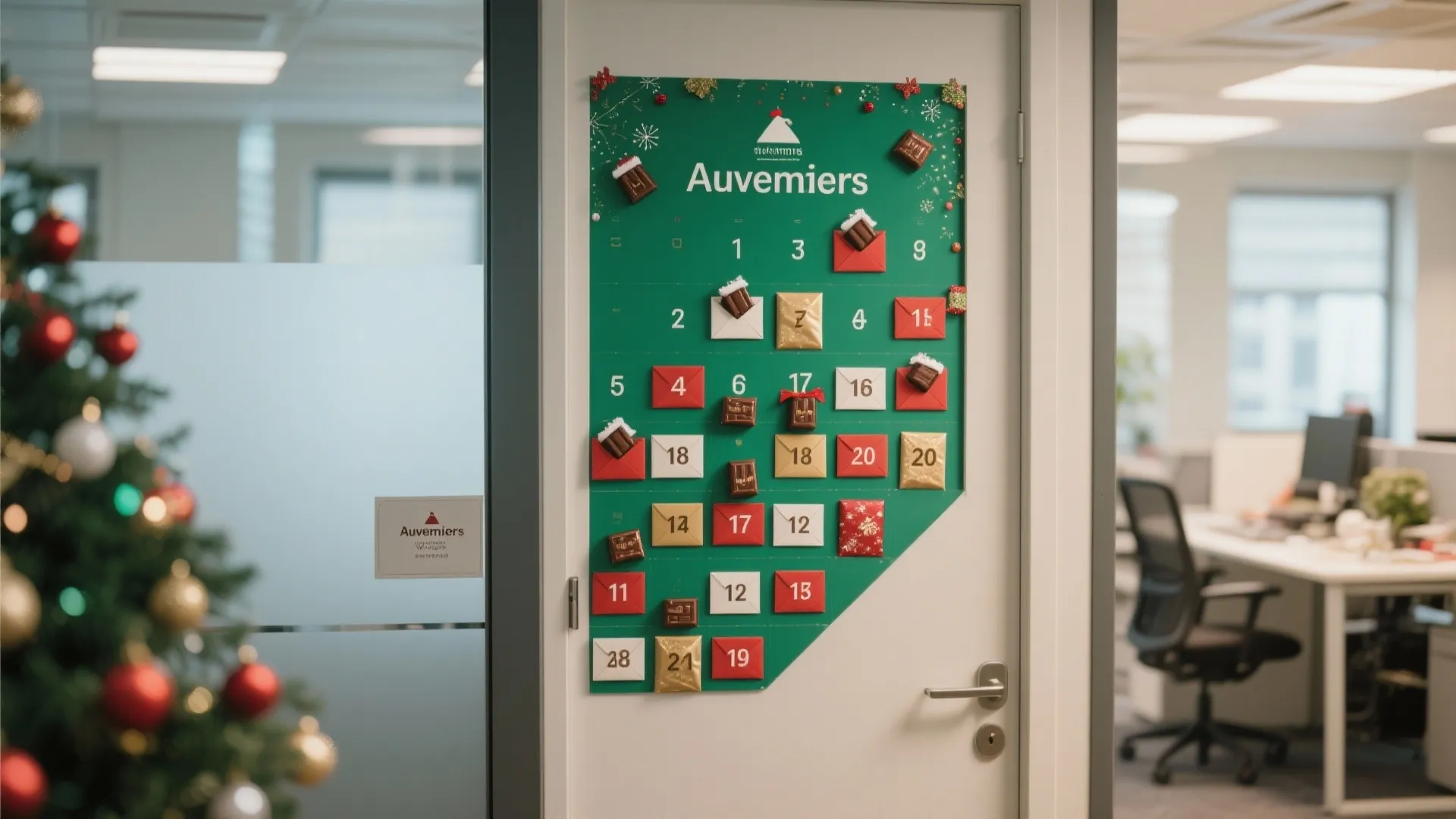 Office door decorated as giant Advent calendar with envelopes