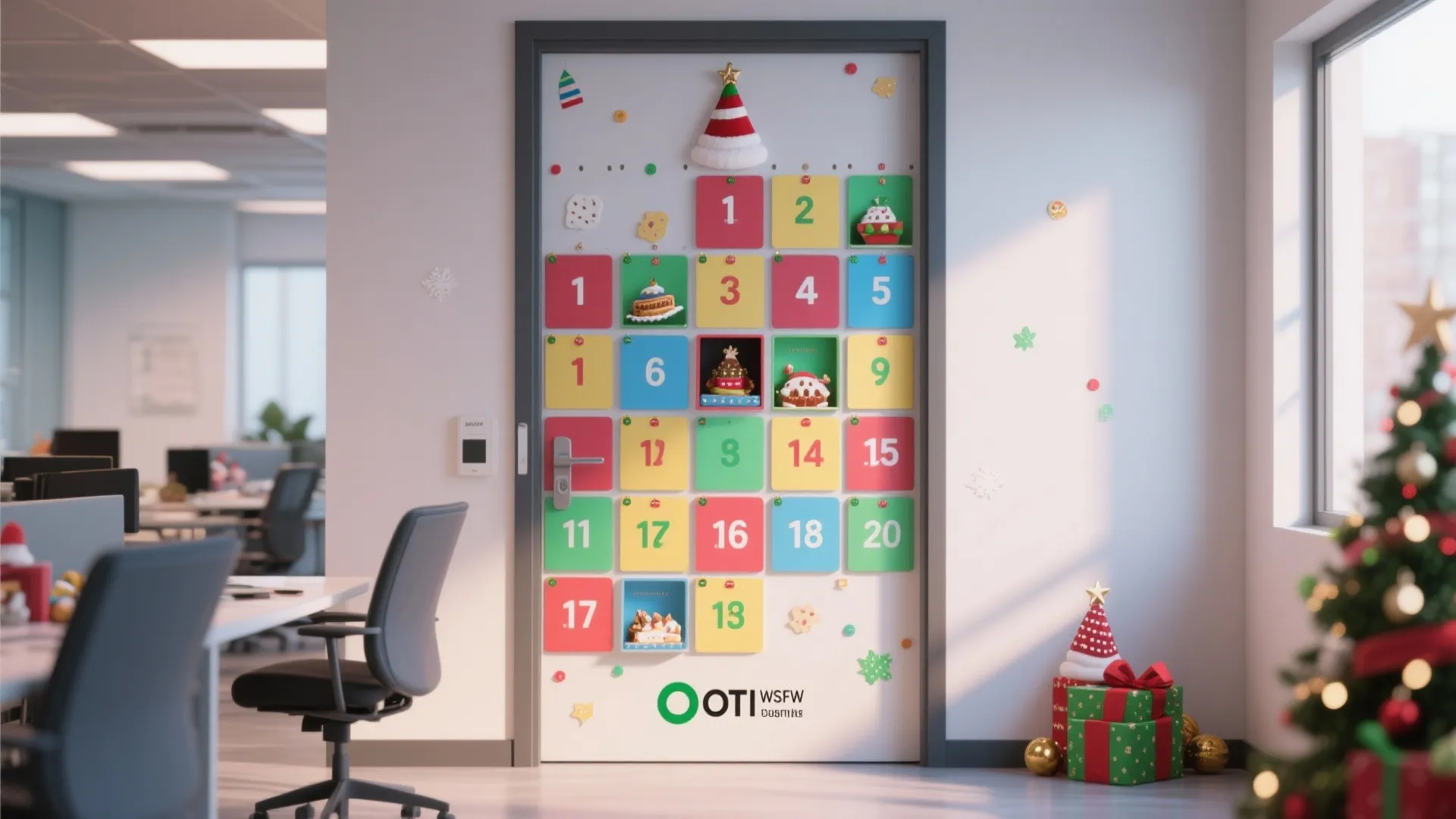 Office door designed as a giant Christmas advent calendar