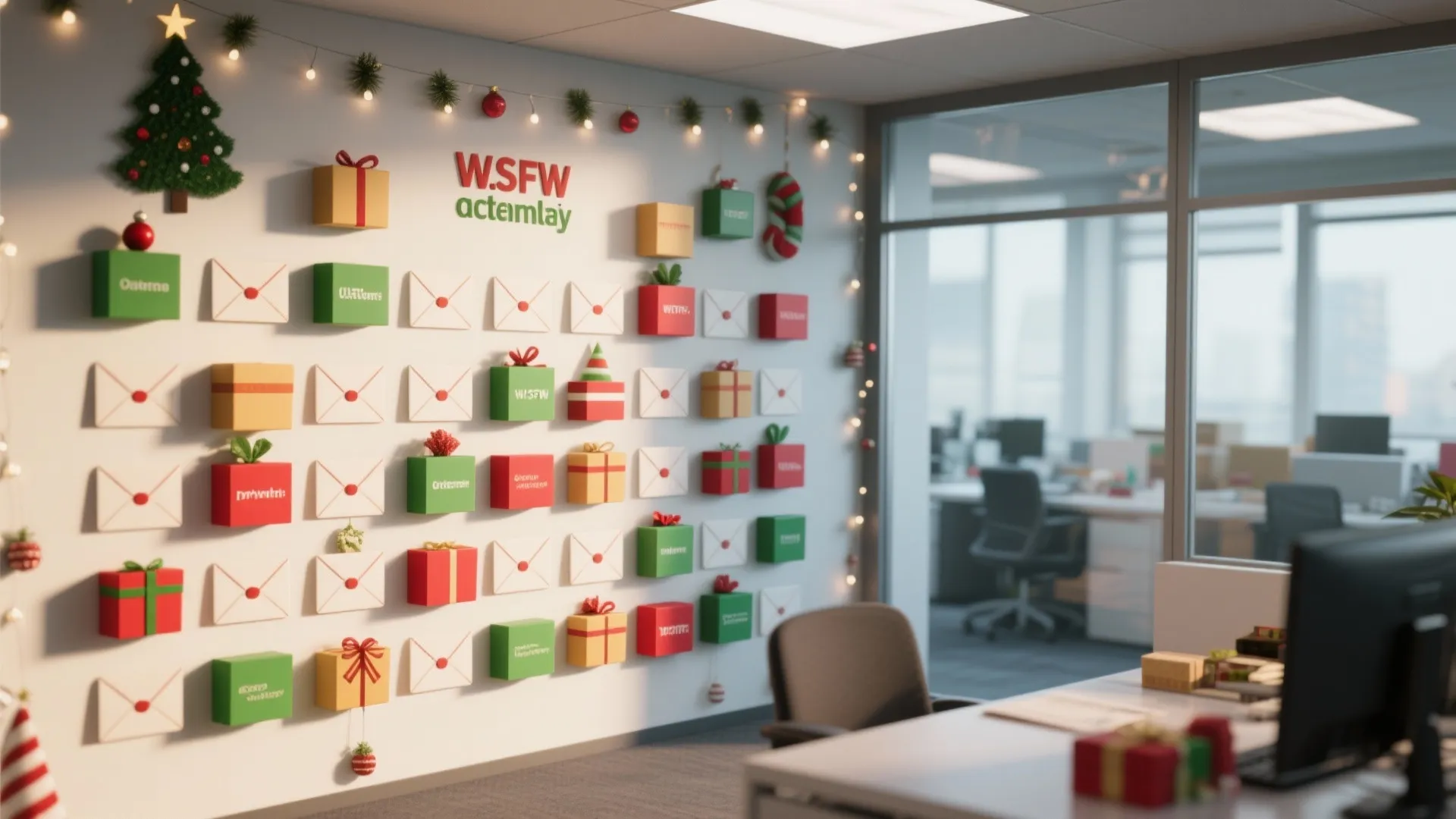 Office wall with advent calendar featuring small colorful gift boxes envelopes string lights and decorations