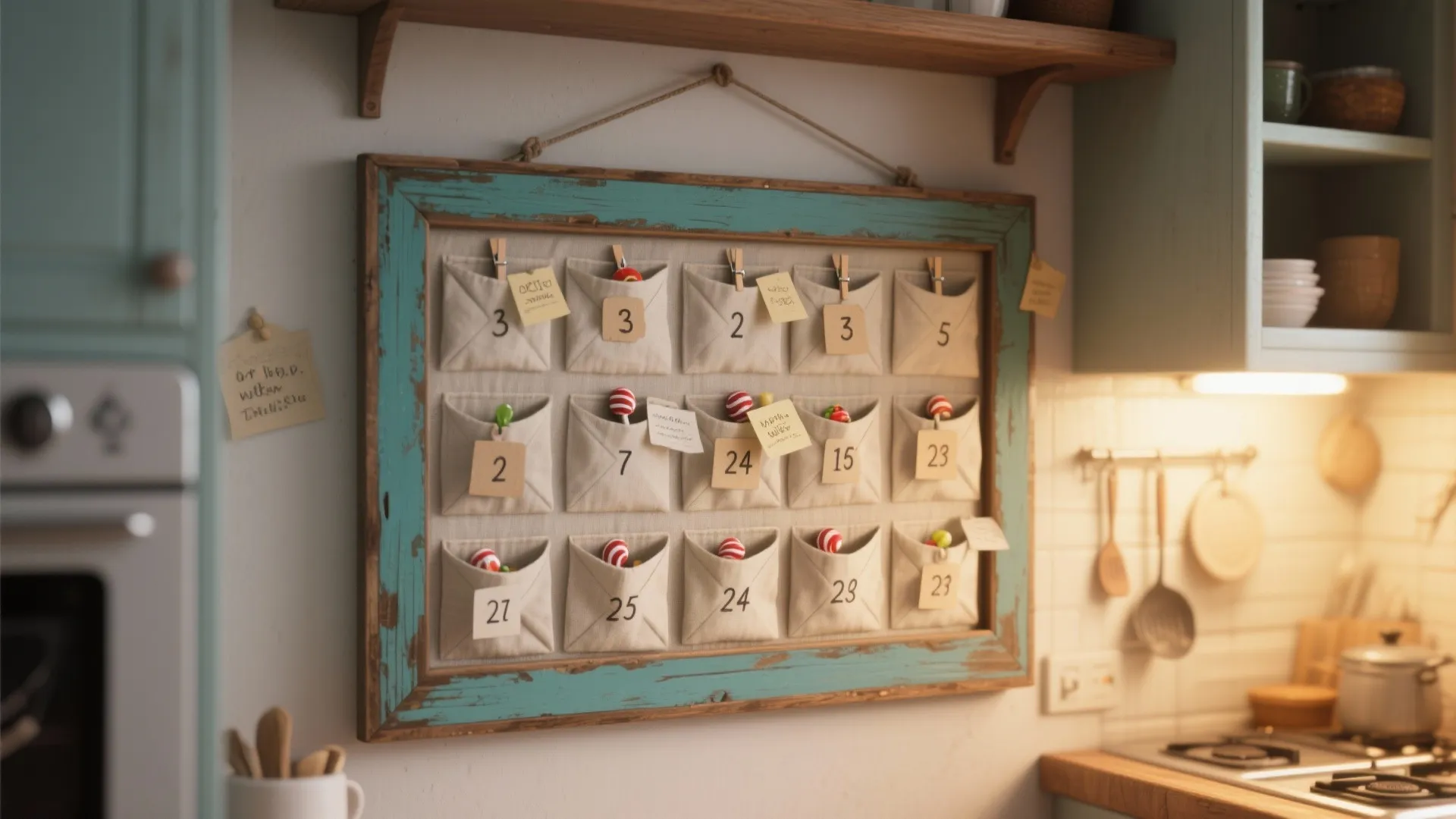 Handmade advent calendar in blue wooden frame with small fabric pockets hanging in a kitchen