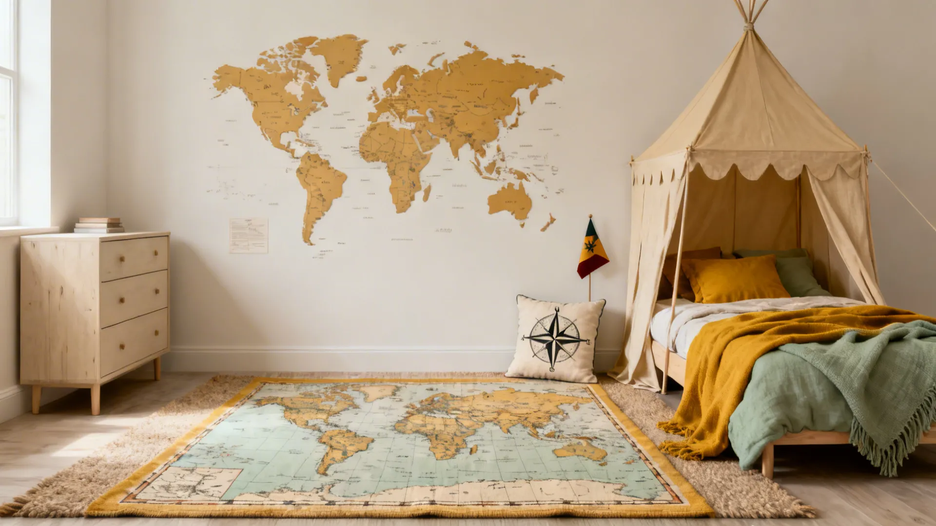 Neutral kids room with a removable map mural, tent canopy, and adaptable textiles.