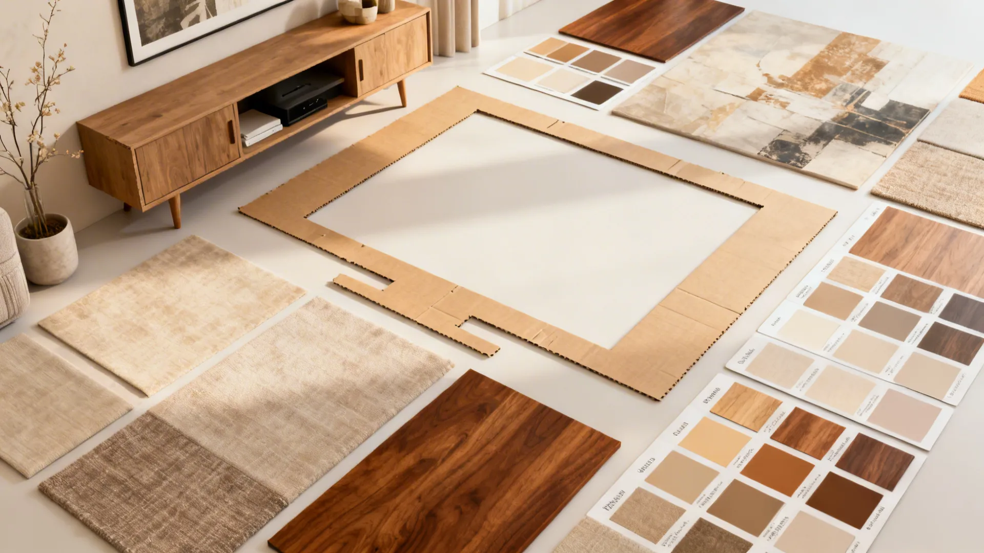 Flatlay of media console finishes, wall art samples and TV size cutouts to balance aesthetics and function.