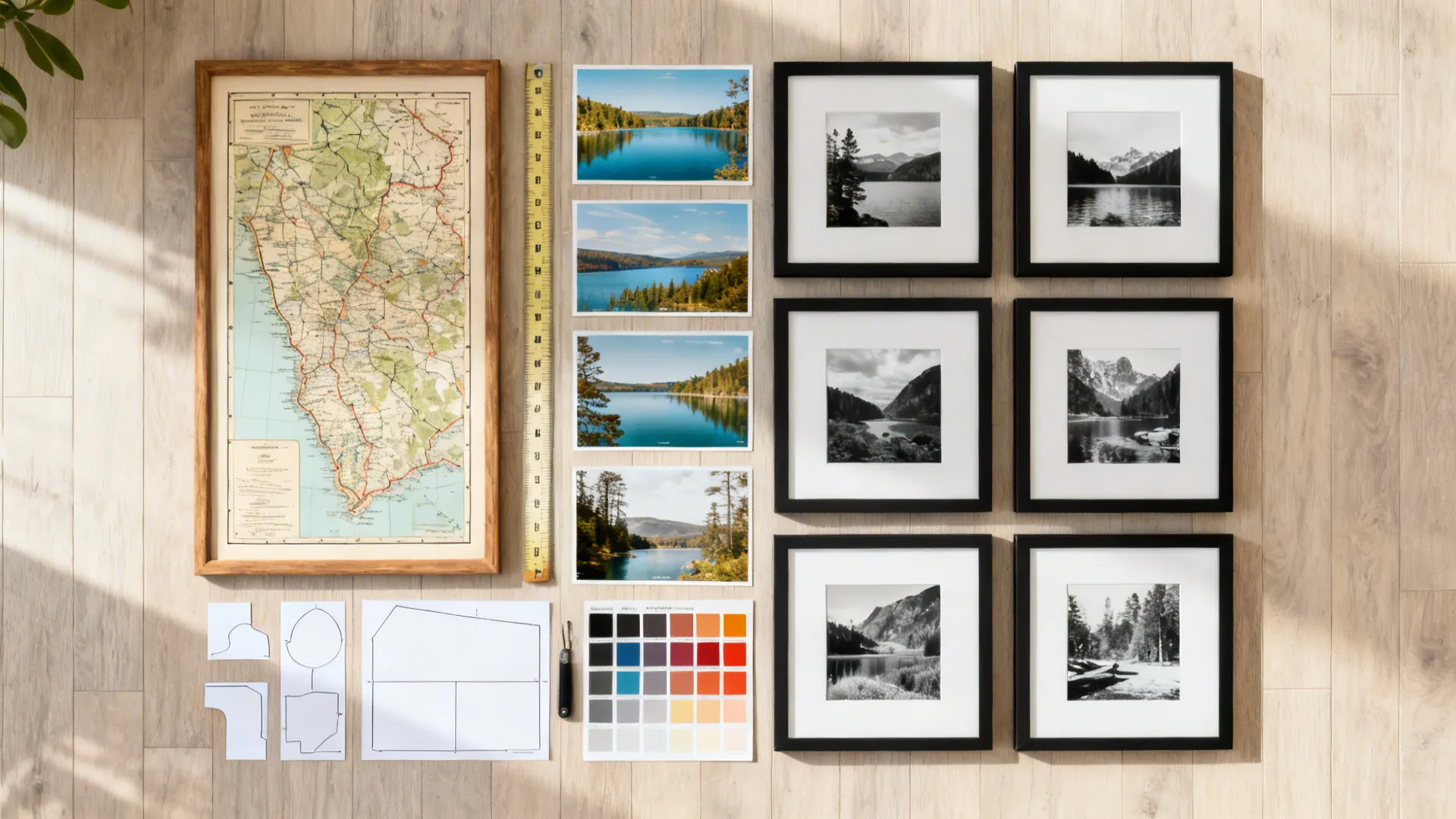 Top-down view of framed vintage maps, lake postcards, and templates laid out to plan a gallery wall.