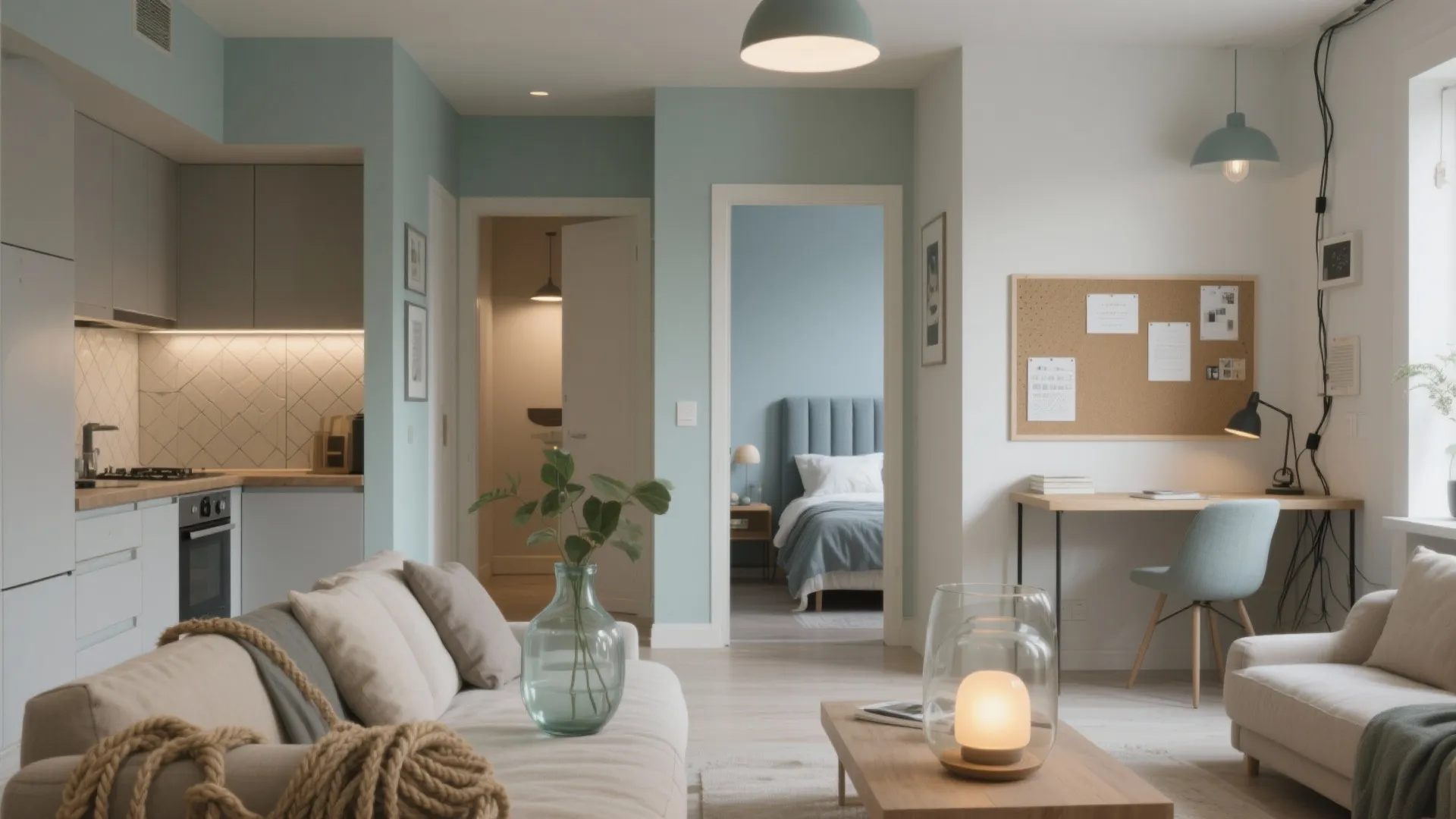 Modern apartment interior design with open kitchen beige sofa blue walls bedroom view and desk