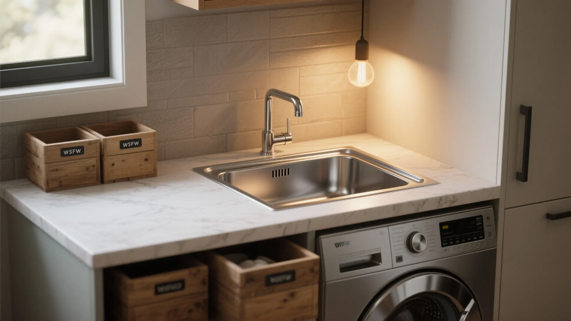 Laundry room corner with stainless steel sink marble countertop washing machine and warm hanging light